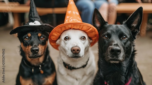 Funny pet costume contest featuring adorable dogs in halloween hats at local park whimsical atmosphere