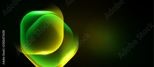Abstract glowing shapes overlap, creating vibrant green, yellow hues against dark background. Soft light radiates outward.