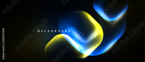 Abstract design features flowing blue, yellow shapes. Dark background emphasizes vibrant curves, creating modern visual impact.