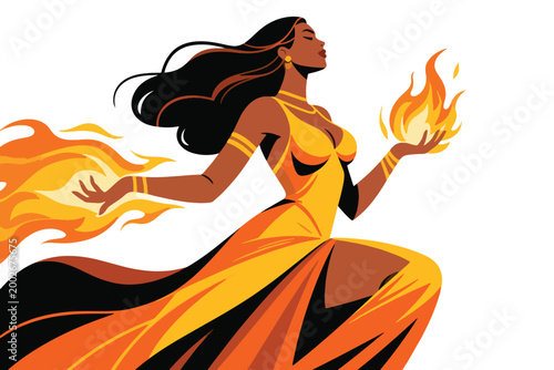 Black Woman Vector Emitting Fire Energy Illustration Creative Design Template 