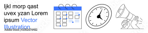 Time management, business planning, scheduling, deadlines, event promotion, communication. Stylized calendar, clock and megaphone illustrations. Business planning and scheduling concept