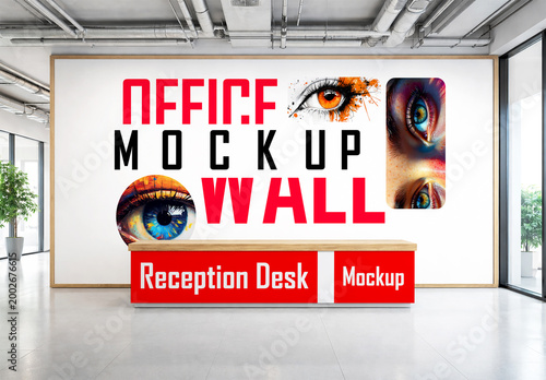 Office reception wall mockup template with abstract eye art