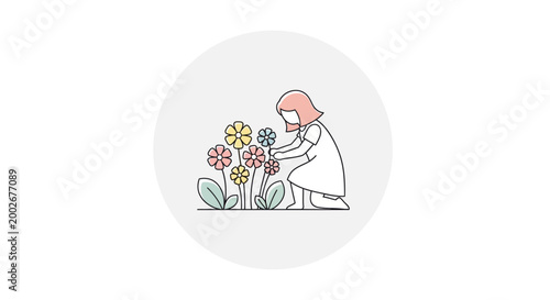 Woman kneeling and smelling flowers.
