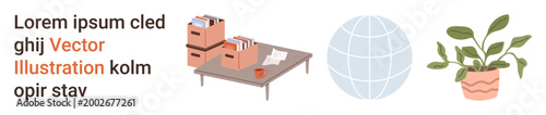 Office management, education, global connectivity, environment, productivity, minimalism. A desk with files, a globe and a potted plant. Office management and global connectivity concept