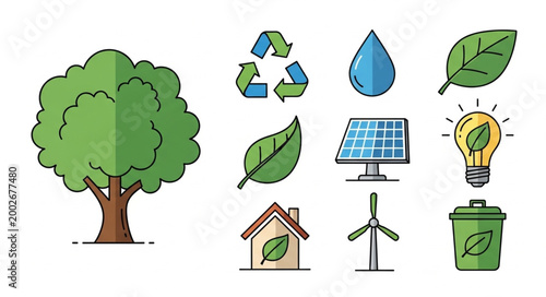 Collection of eco friendly icons and symbols for sustainability.