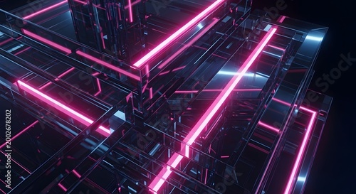 Vibrant Neon Glass Structure with Pink Light Lines in Abstract Tech Scene