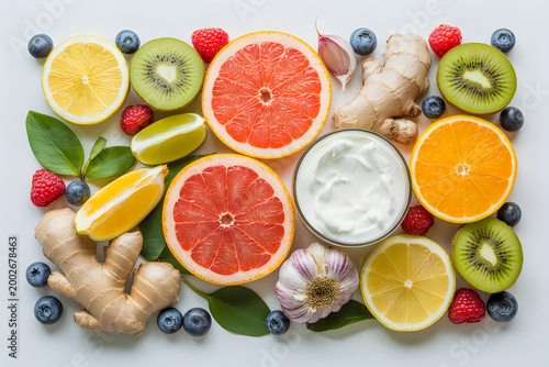 Flat lay of citrus fruits, berries, ginger, garlic, and yogurt