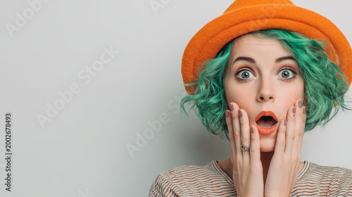 Young woman showing surprise, shock, and amazement, copy space