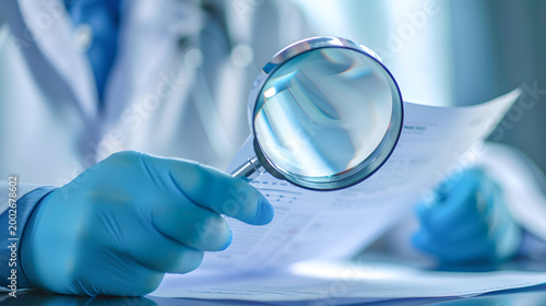 Doctor Examining Medical Documents with Magnifying Glass for Detailed Analysis