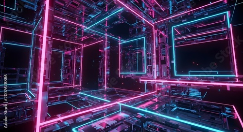 Vibrant Neon Light Cube Corridor in Futuristic Night Scene