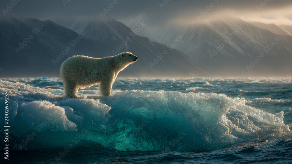Naklejka premium Majestic polar bear on a blue-green iceberg under cinematic dawn light, dramatic warm and cool contrast, vast negative sky ideal for Earth Day and climate change campaign layouts.