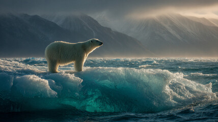 Majestic polar bear on a blue-green iceberg under cinematic dawn light, dramatic warm and cool contrast, vast negative sky ideal for Earth Day and climate change campaign layouts.