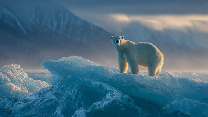 Majestic polar bear on a blue-green iceberg under cinematic dawn light, dramatic warm and cool contrast, vast negative sky ideal for Earth Day and climate change campaign layouts.
