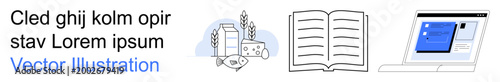 Education, nutrition, digital learning, food industry, knowledge sharing, online research. An open book, assorted dairy products and a laptop. Education and nutrition combined