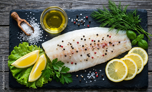 Raw fish fillet with lemon slices parsley olive oil and salt white fish dark slate light meal raw ingredient healthy food