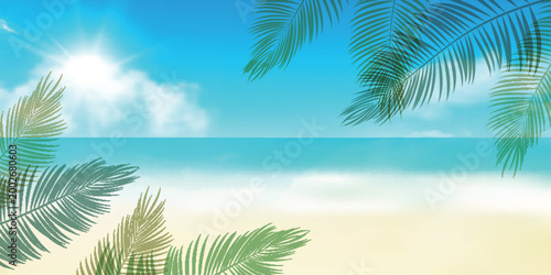 Sunny tropical beach landscape with palm leaves and clear blue sky