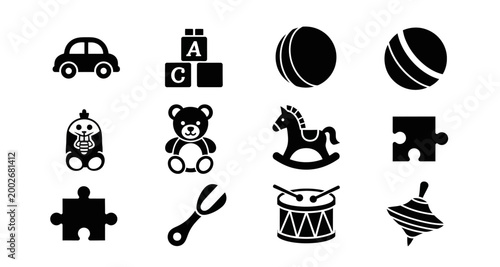 Childhood Toys Icon Set Black Silhouette On White Background