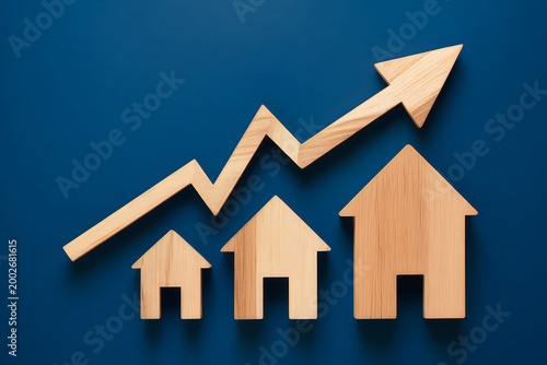 Wooden house with rising arrow graph on blue background