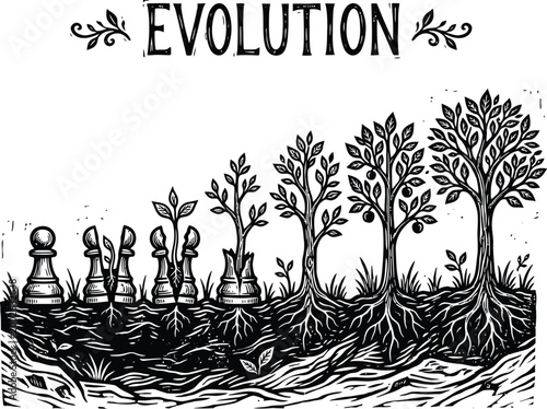 Linocut style vector illustration chess pawn pieces growing like seeds sprouting into trees evolution concept world chess day art