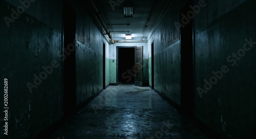 Dark Abandoned Corridor With Open Door at End, Eerie Hallway for Horror and Suspense