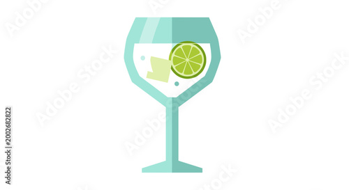 Illustration of a refreshing gin and tonic served in a stylized glass with lime garnish on a white background