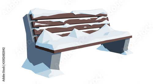 Illustration of a wooden bench covered in thick snow, isolated on a white background, showcasing winters serene beauty