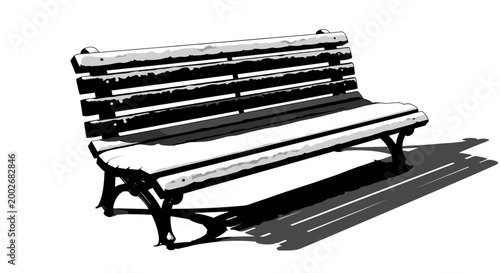 Minimalist black and white illustration of a snow-covered bench casting a shadow on a white background