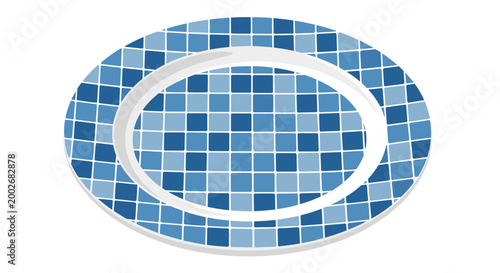 Blue and white ceramic plate with a mosaic pattern on a white background, showcasing intricate tile design and artistic craftsmanship