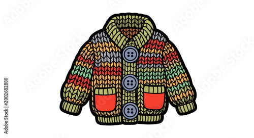 Colorful knitted cardigan with large buttons and red pockets on white background