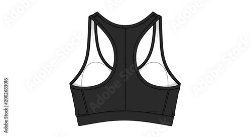 Illustration of a black sports bra in back view with detailed stitching and racerback design on a plain white background