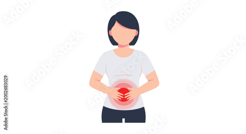 Illustration of a woman holding her stomach with a red pain indicator, wearing a white shirt on a plain white background, conveying discomfort or illness