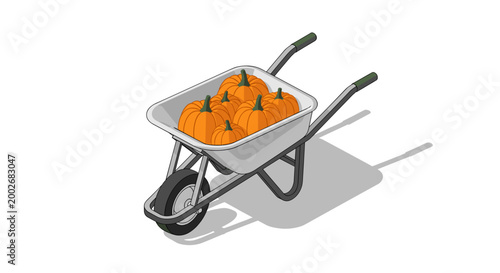 Isometric illustration of a wheelbarrow filled with vibrant orange pumpkins casting a shadow on a white background