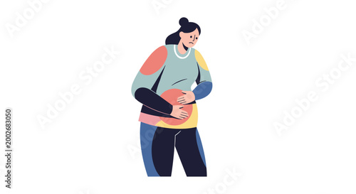 Illustration of a woman holding her stomach with a pained expression, wearing colorful casual clothing, isolated on a white background