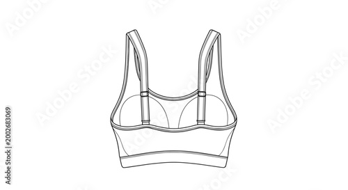 Detailed back view illustration of a sports bra with adjustable straps and supportive design, showcasing technical line art on a white background