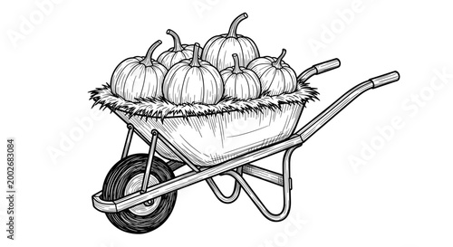 Black and white illustration of a wheelbarrow filled with pumpkins, resting on hay, showcasing autumn harvest theme with detailed line art