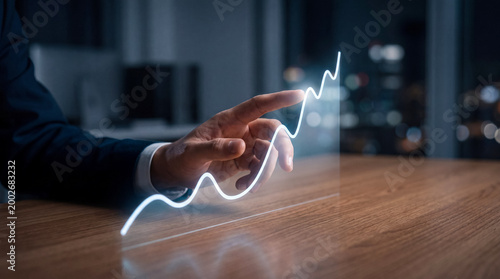 Obraz na plátne Businessman's hand touching glowing digital graph at night, symbolizing financial growth and future strategy
