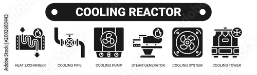Cooling Reactor web banner icon vector illustration concept with icons of heat exchanger, cooling pipe, cooling pump, steam generator, cooling system, and cooling tower. 
