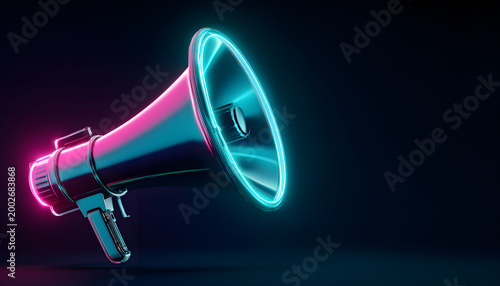 A megaphone with neon lights and a dark background is ready to make a marketing or advertising announcement.