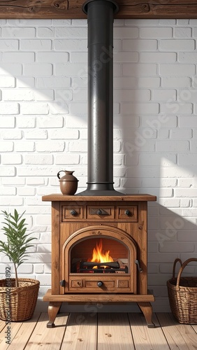 Cozy fireplace against a white brick wall, rustic charm