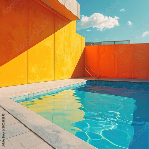 Vivid, geometric architecture beside a shimmering pool