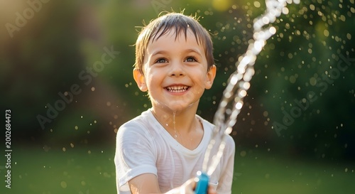 Happy young boy playing with water hose outdoors enjoying sunny day in park with joyful expression and water splashing around in vibrant natural setting