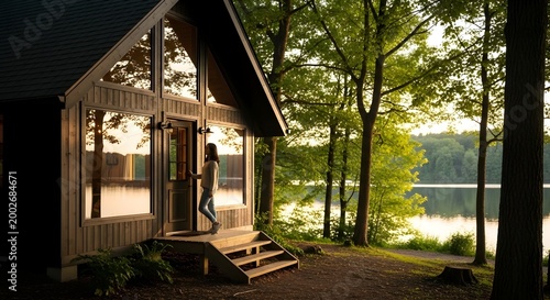 Serene lakeside cabin surrounded by lush green trees during sunset with a person standing on the porch enjoying nature and peaceful outdoor scenery for relaxation and retreat