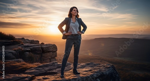 Confident woman standing on rocky landscape during sunset with scenic view and open sky in the background showcasing adventure and exploration spirit