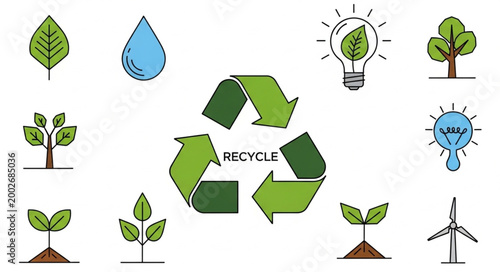 Quadro su tela Recycle symbol with environmental icons and nature elements.