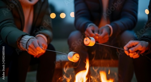 Two people sitting around a campfire roasting marshmallows during an outdoor evening gathering with blurred lights in the background for a cozy camping experience