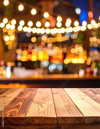 Warm wooden table overlooking a blurred bar scene
