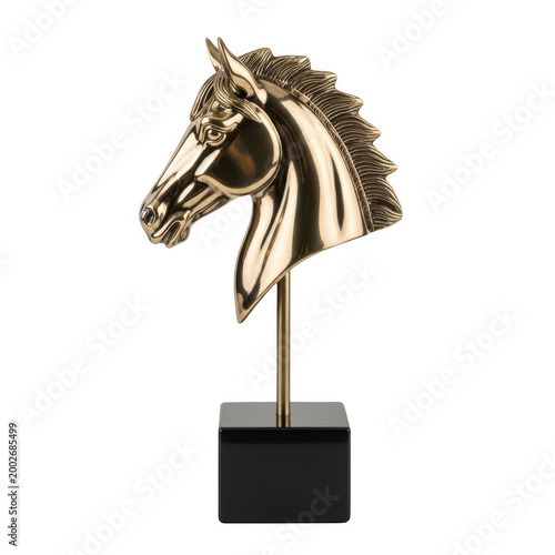 Golden horse head sculpture on black marble base