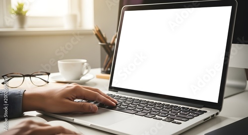 Person Using Laptop Computer on Desk with White Mug and Glasses in Bright Office Setting for Work or Study Purposes