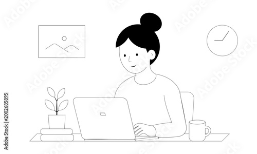 Minimal line art vector illustration of a woman working from home in a home office, representing remote work and a freelance lifestyle.