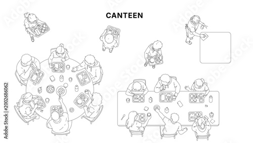 Top view architectural drawing of canteen scene with people eating at tables, food trays and dining layout, clean minimal line illustration for cafeteria floor plan use